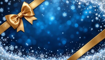 Festive winter background with golden bow and ribbon, snowflakes, blue bokeh