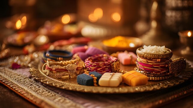 Traditional Indian Rakhi Thali with Bangles, Sweets, and Ritual Items for Festive Celebration