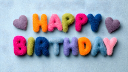 Obraz premium Colorful felt letters spelling happy birthday with hearts