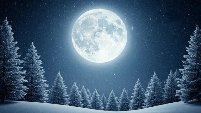 Santa Claus flying in his sleigh with reindeer across a winter night sky with a full moon and falling snow. Christmas animation.