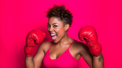 Confident woman showing strength wearing red boxing gloves