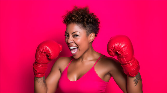 Confident woman showing strength wearing red boxing gloves
