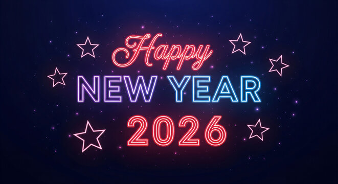 2026 Happy new year 2026 neon animated background greetings happy new year 2026 fireworks neon blue purple text 4k looping - Powered by Adobe