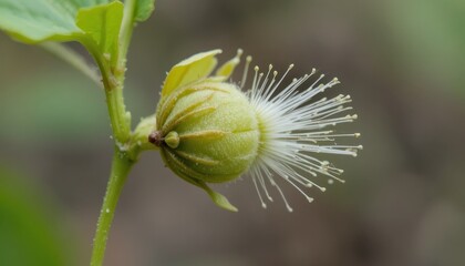 Close up of a unique plant with a light green bulb and white filaments expanding outwards an