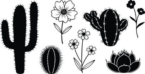 Cactus and flower vector illustration featuring various black silhouettes and unique shapes for design and decoration purposes 
