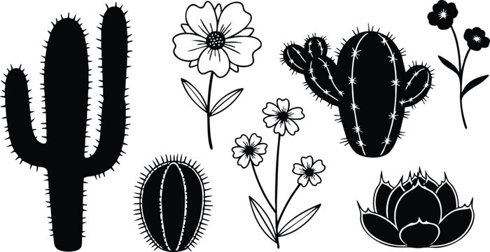 Cactus and flower vector illustration featuring various black silhouettes and unique shapes for design and decoration purposes 