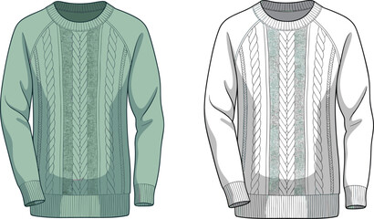 Cable knit sweater fashion sketch, raglan sleeve jumper design, textured knitwear illustration, grayscale comparison, CAD drawing flat vector illustration