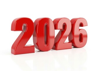Shiny red 3d numbers representing the year 2026 isolated on white background