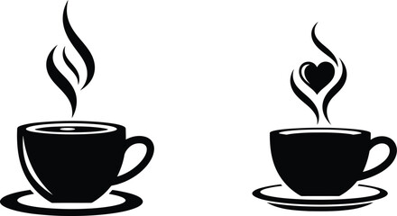 Two steaming cups of coffee one with heart shaped steam black and white