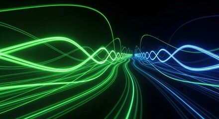 Dynamic Waves of Green and Blue Light Trails on Black Background, Abstract Design