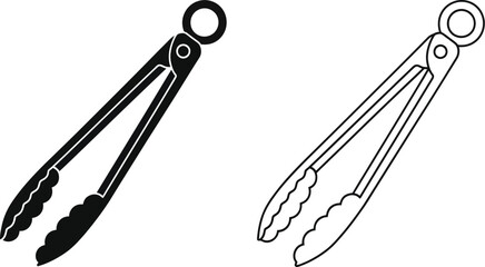 Two black and white line art illustrations of kitchen tongs
