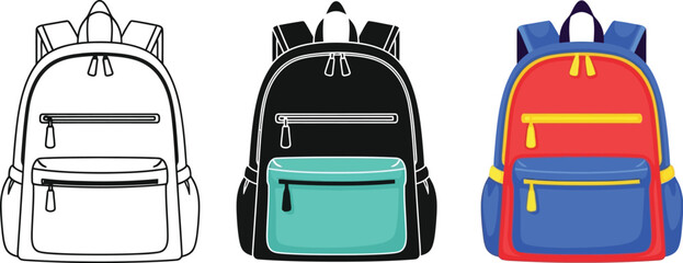 Three backpacks in different styles and colors are displayed side by side