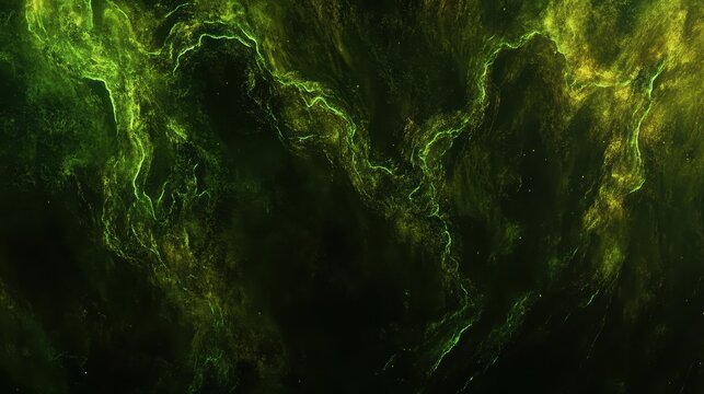 An abstract topographic map rendered in glowing bioluminescent green light with intricate organic patterns on a dark textured surface