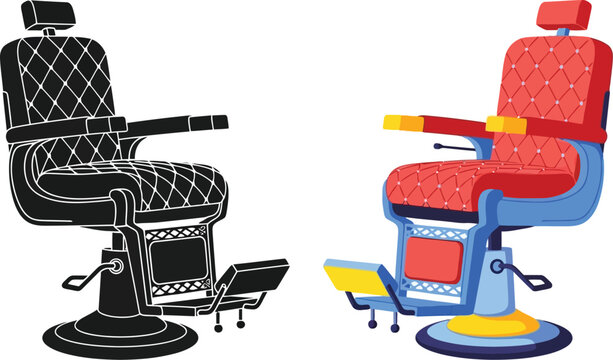Stylized barber chairs in contrasting color schemes one black and white one colorful