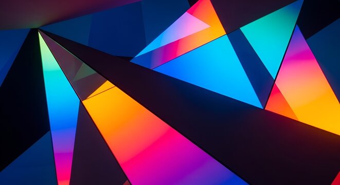 Geometric abstraction featuring vibrant, interlocking triangular prisms of light