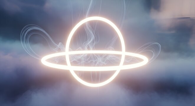 Mystical encounter with glowing celestial circles against ethereal smoke background