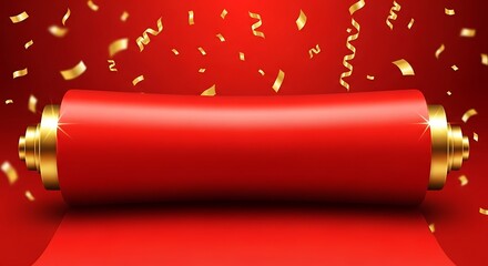 Luxurious Grand Red Scroll Banner Unrolling Presentation with Shiny Golden Spools and Sparkling Falling Confetti Against a Vibrant Background for Awards Ceremonies and Important Announcement