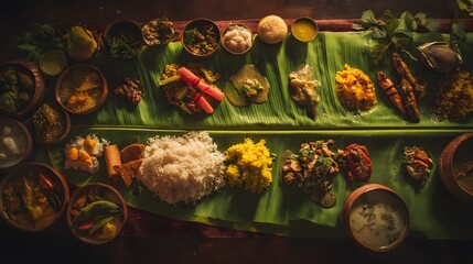 Authentic South Indian Banana Leaf Meal with Traditional Vegetarian Dishes and Festive Feast Presentation