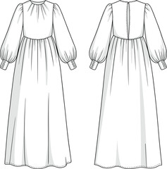Long puff sleeve dress technical sketch, front and back view, high neck, cad drawing flat vector illustration