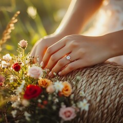 Fototapeta premium Woman's hand with engagement ring on woven bag next to wildflowers and roses on a wooden table at sunset high resolution for isolate image