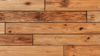 Fototapeta premium A rustic wooden background composed of varied planks, featuring natural wood grain, knots, and warm brown tones, perfect for texture.