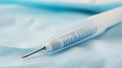 Close up of a medical thermometer probe with protective covering on a light blue background