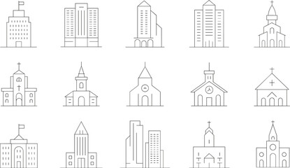 Minimalist building icons, line architecture set, church and office vector, institutional design, urban structures, clean outline illustration