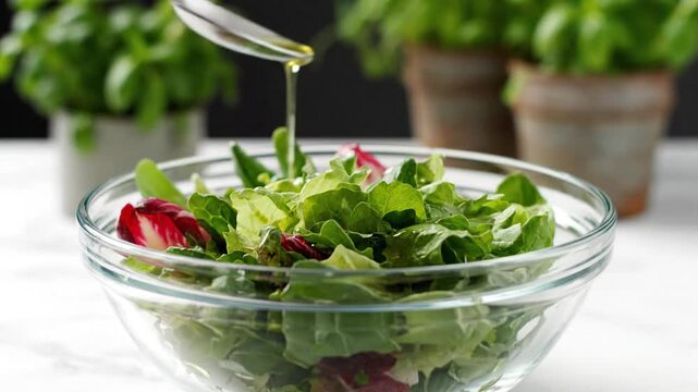 Pouring Olive Oil on Fresh Green Salad in Glass Bowl on Marble Surface with Basil Plant Background a Healthy Dietary Addition with Lush Greenery and Natural Light Close Up 199 chars