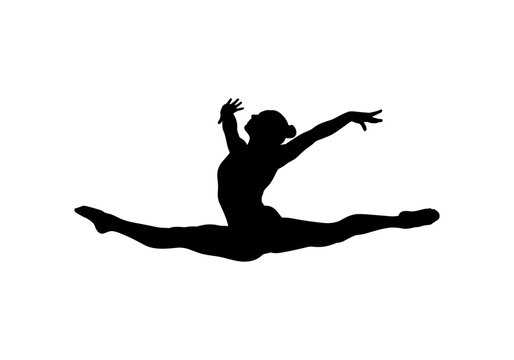 Graceful ballet dancer silhouette in mid-air split pose captures elegance and movement