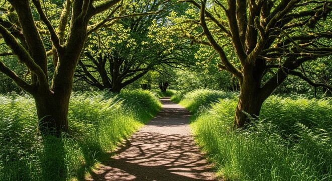 A serene dirt path winds through a lush, sunlit forest with ancient moss-covered trees and vibrant green ferns, creating a tranquil and inviting natural landscape