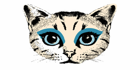 Stylized cat portrait with blue eyeshadow on a white background
