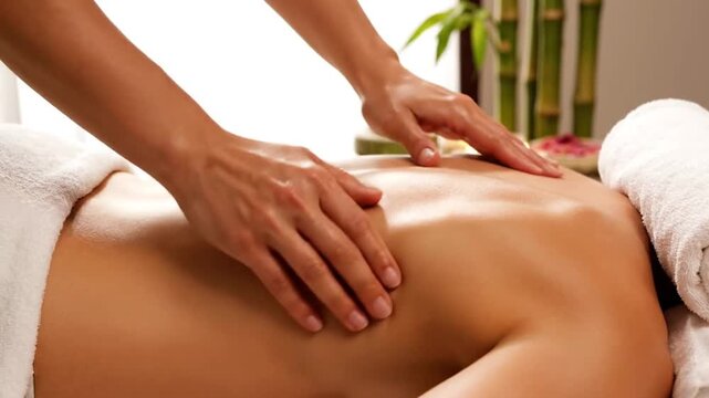 Relaxing Back Massage at Spa for Wellness and Therapy Featuring Hands Bamboo and White Towel Back Massage in Day Spa Setup with Relaxing Zen Atmosphere and Focus on Client Wellbeing