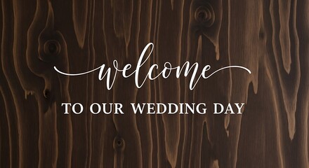 "Welcome to Our Wedding Day" text displayed in elegant white script on a dark, textured wooden background.
