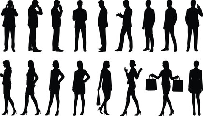Business people silhouettes, professional poses, black vector icons, men and women gestures, office attire, lifestyle illustration, corporate design artwork