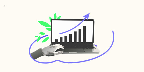 Laptop with rising graph hand and green leaves representing growth and success