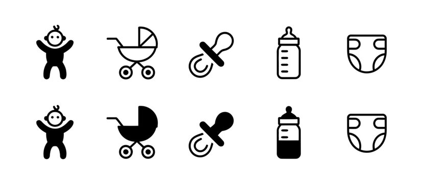 Baby care items icon set including newborn infant symbol, pram, pacifier, feeding bottle, and diaper in outline and glyph style.