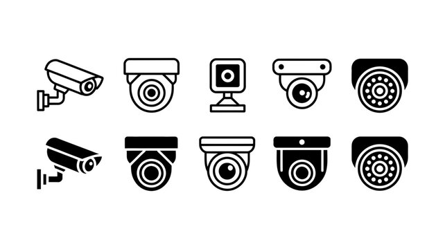 Set of security camera icons, illustrating various cctv, surveillance, and monitoring devices for modern safety and protection systems.