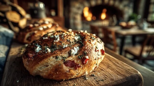 Freshly baked bread rolls on a wooden board with fireplace background