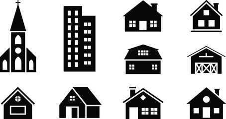 Building silhouette icon set, residential and commercial structures, black vector architecture, urban design elements, house and church illustration