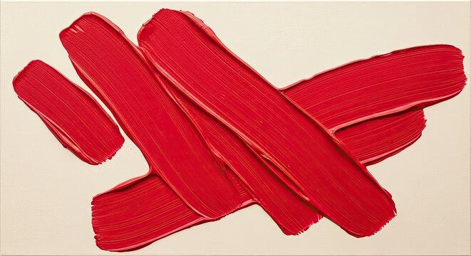 Expressive red acrylic paint smudges with a glossy texture are smeared across a textured cream canvas, creating a bold and modern abstract artistic composition from a top view