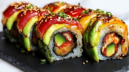 Close up of colorful sushi rolls on a black slate plate