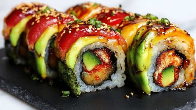 Close up of colorful sushi rolls on a black slate plate