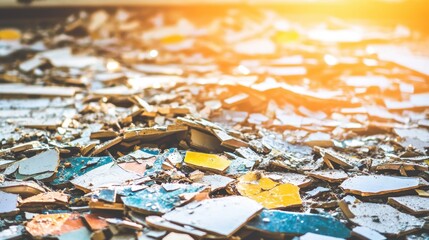 Close up view of broken ceramic tiles on the ground