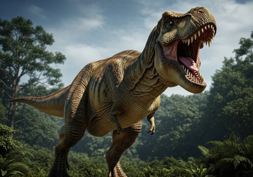 Fierce tyrannosaurus rex dinosaur roaring in a prehistoric jungle