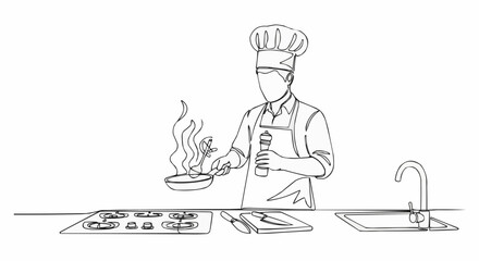 Professional chef cooking in kitchen with pan and spices.