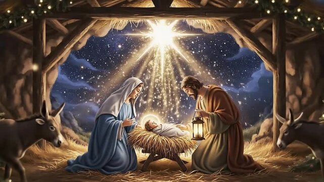 The Nativity Scene Depicting The Birth Of Jesus Christ Under The Star Of Bethlehem In A Stable With Mary And Joseph Gazing Adoringly
