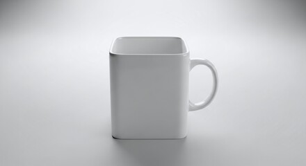 A minimalist white square coffee mug with a handle, presented on a clean white background, creating a simple and elegant composition, isolated on white background