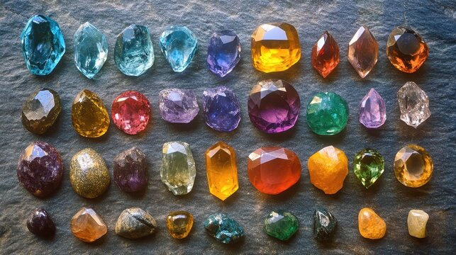 Collection of Various Polished Gemstones Arranged on Textured Surface