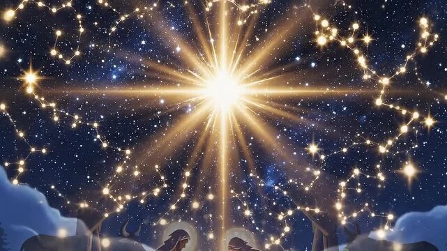 The Nativity Scene Under a Starry Sky A Beacon of Light in the Stable with Animals and Holy Family