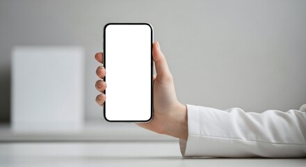 A persons hand holds a modern black smartphone with a blank white screen, ready for custom content or app display, set against a soft, blurred light grey background, emphasizing technology and digital